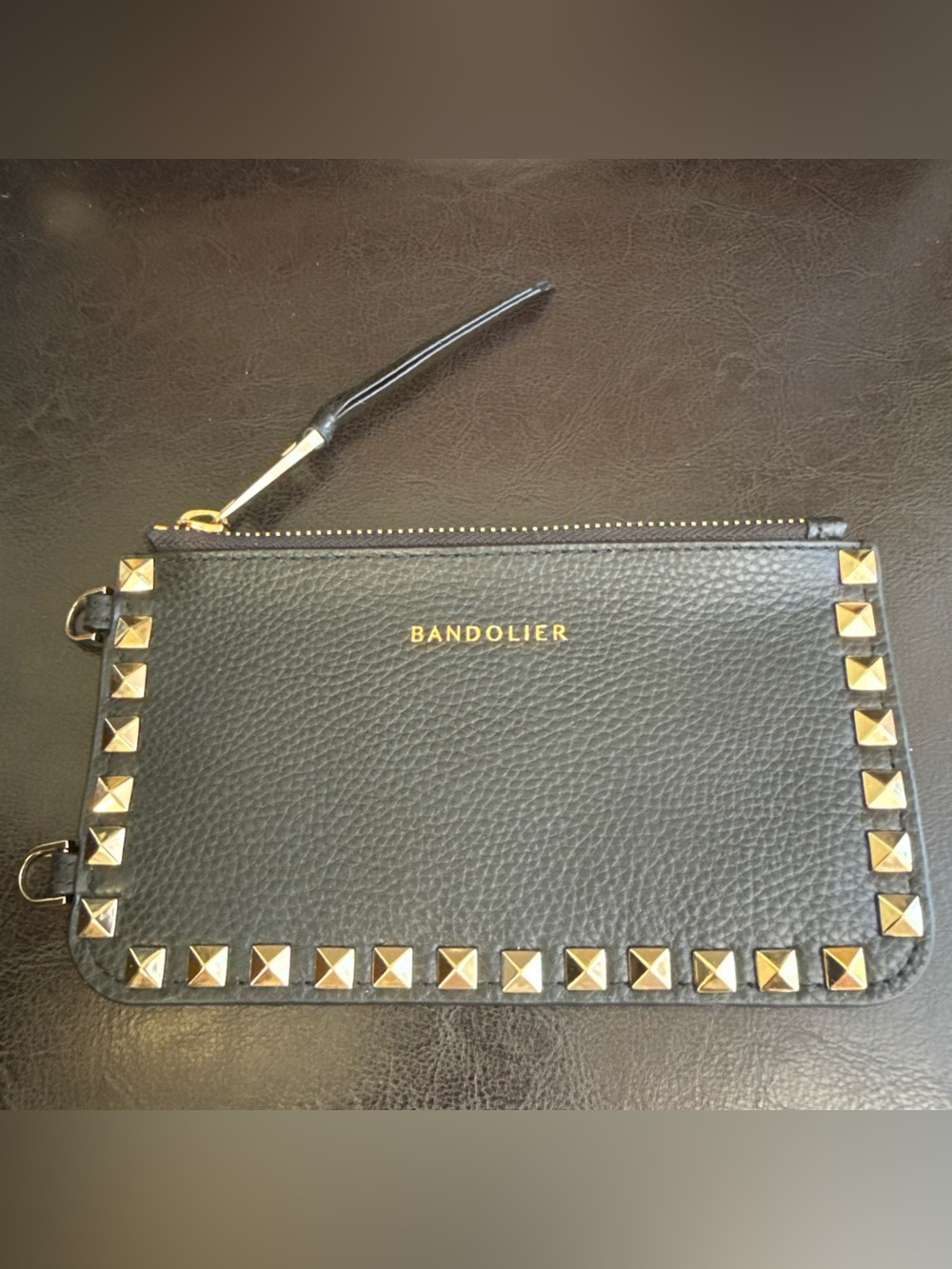 Bandolier Black and Gold Studded Pebbled Leather Pouch NWOT